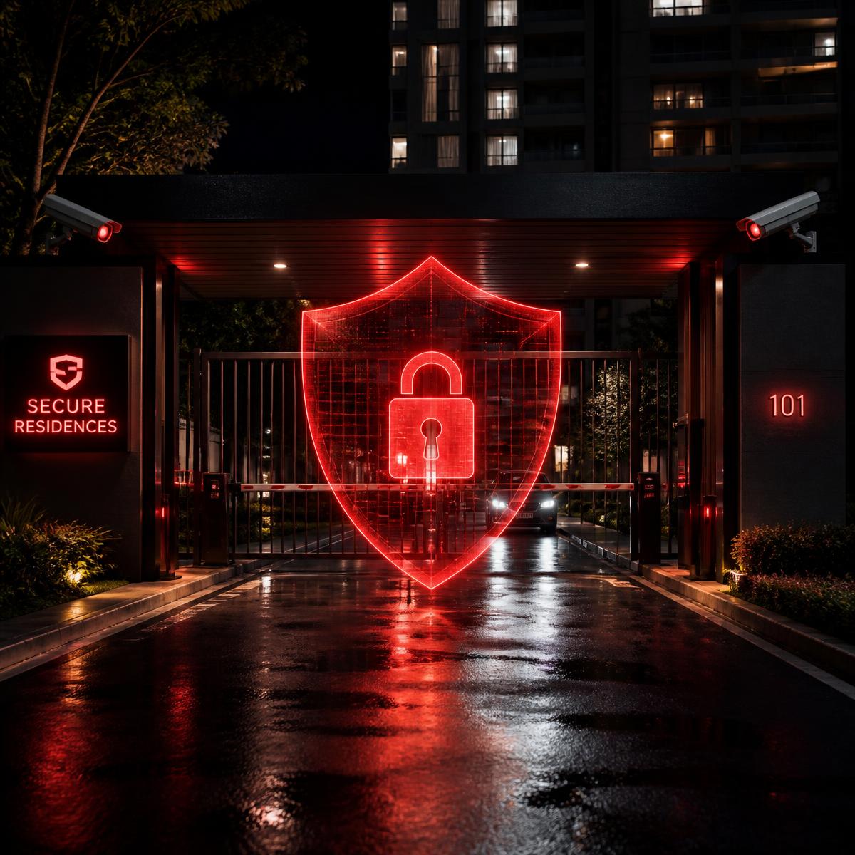 Portão de condomínio monitorado por câmeras com escudo digital de proteção